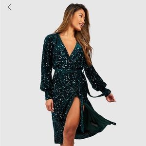 Green velvet sequin midi dress